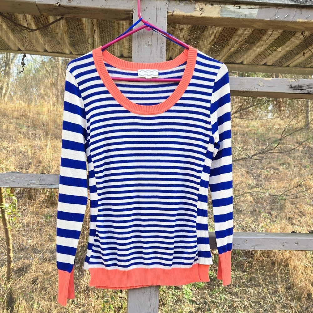 Pink Rose Navy and Cream Striped Sweater with Coral Accents
